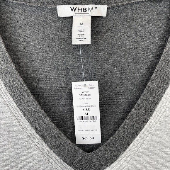 WHITE HOUSE BLACK MARKET Color Block Black Gray V-Neck Tunic Sweater Sz M NWT - Picture 3 of 11